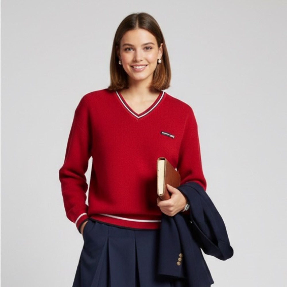 Reebok Red V-Neck Sweater with Classic Knit Design‎ Y2K